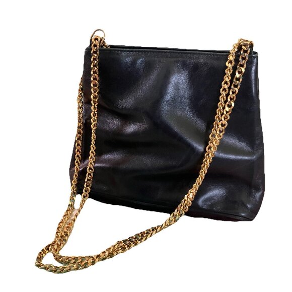 Vintage Holt Renfrew Buttery Black Leather Shoulder Bag Y2K 90s Gold Tone Chain - Picture 1 of 14
